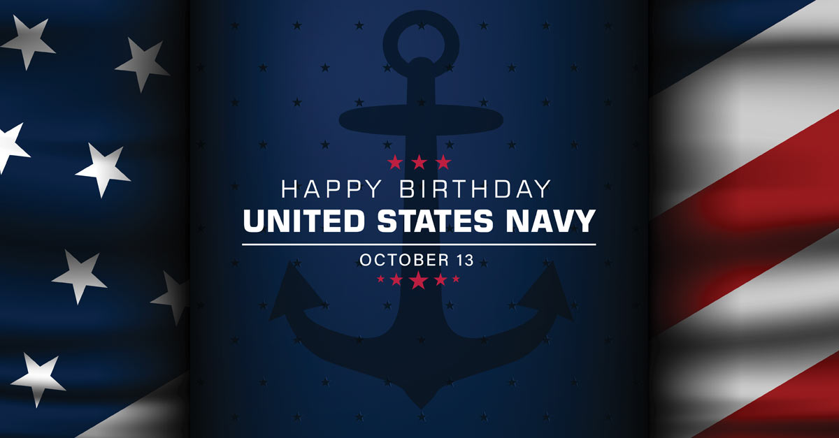 Text that reads "U.S. Navy Birthday October 13" behind an american flag backdrop