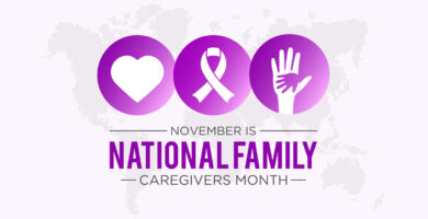 A design with three purple circles, one with a heart, one with a ribbon, and one with a hand inside another hand, hangs over the message: "November is National Family Caregivers Month."