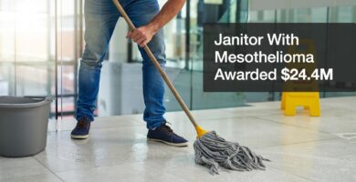 A man mops a floor. Text on the image says: Janitor With Mesothelioma Awarded $24.4 million