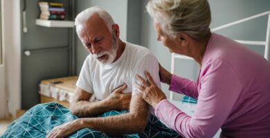 An older woman comforts an older man who appears to be in pain.