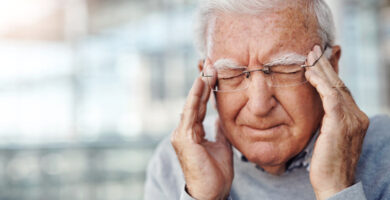 Older man with closed eyes touching both sides of his head in pain